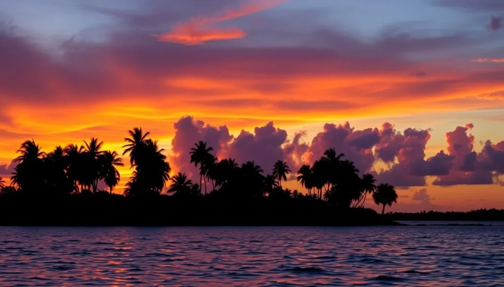 Sunset view of Wakenaam Island from the Essequibo River with silhouettes of palm trees