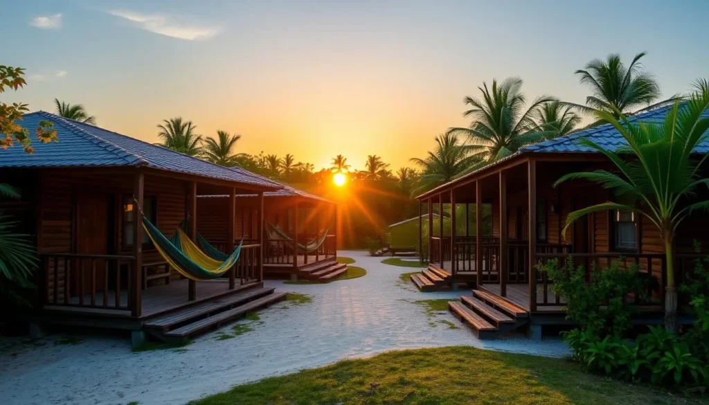 Sunset view of cabins at Sloth Island Nature Resort with hammocks on the porch