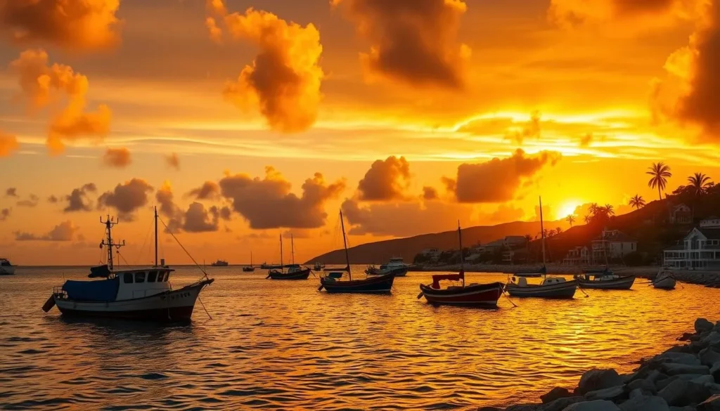 Sunset view over Corossol Bay with traditional fishing boats silhouetted against golden sky