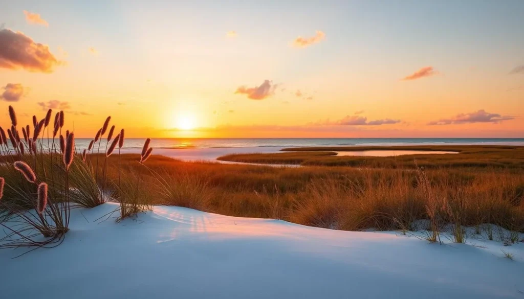 Sunset view over Grayton Beach State Park with golden light reflecting on the coastal dune lake