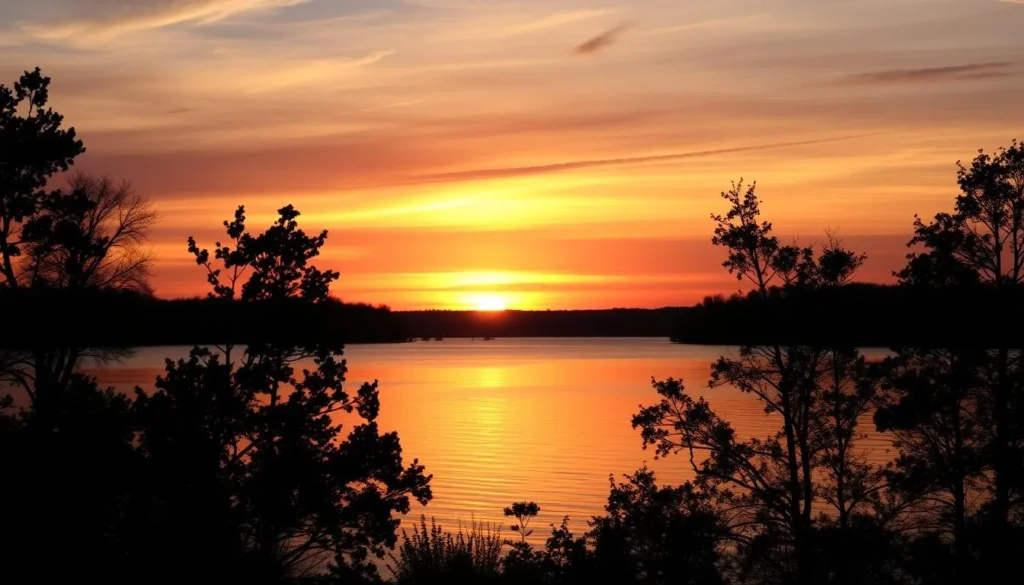 Sunset view over Lake Arthur with silhouettes of trees and calm water