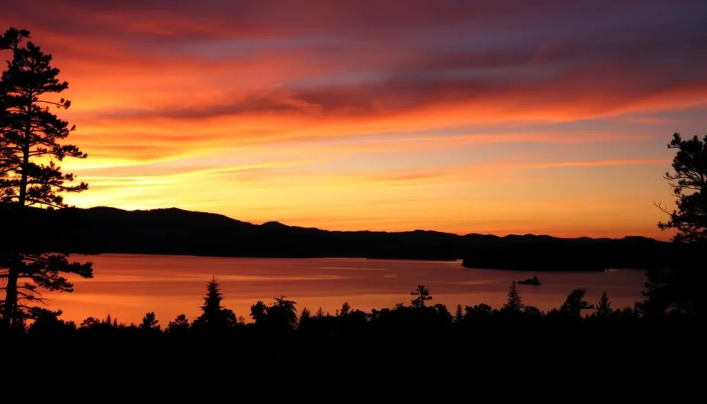 Sunset view over Locust Lake with silhouettes of trees and mountains Sunset view over Locust Lake with silhouettes of trees and mountains