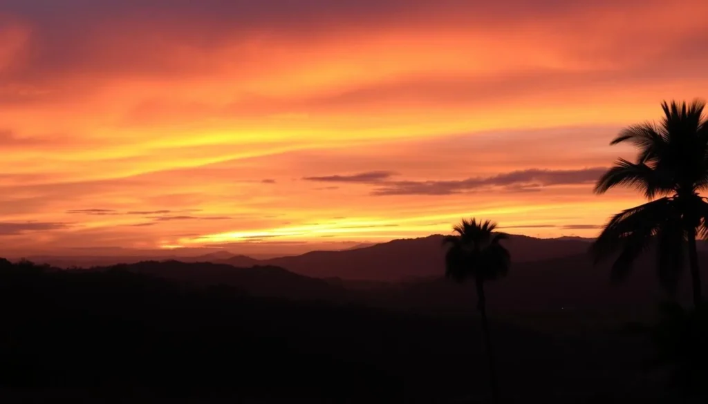 Sunset view over Mabaruma's landscape with silhouettes of palm trees