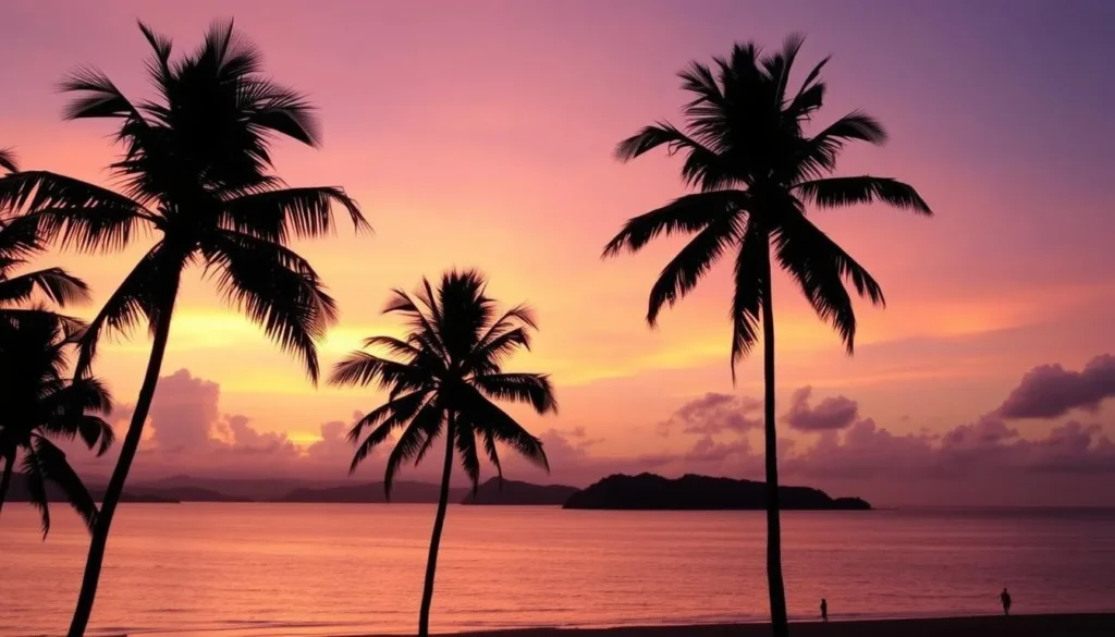 Sunset view over the Bay of Fort-de-France from Les Trois-Ilets beach with palm trees silhouetted