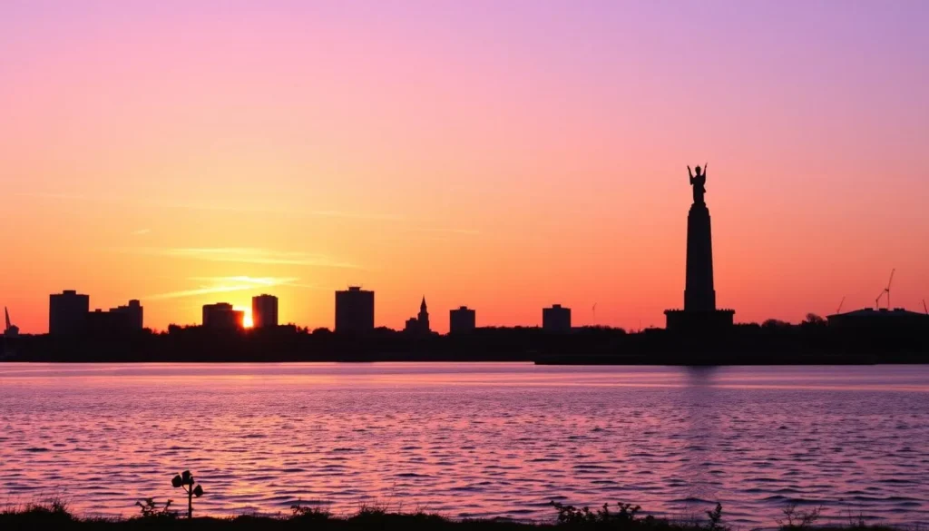 Sunset view over the Cheboksary Bay with the city skyline and Mother-Protectress Monument silhouette Sunset view over the Cheboksary Bay with the city skyline and Mother-Protectress Monument silhouette