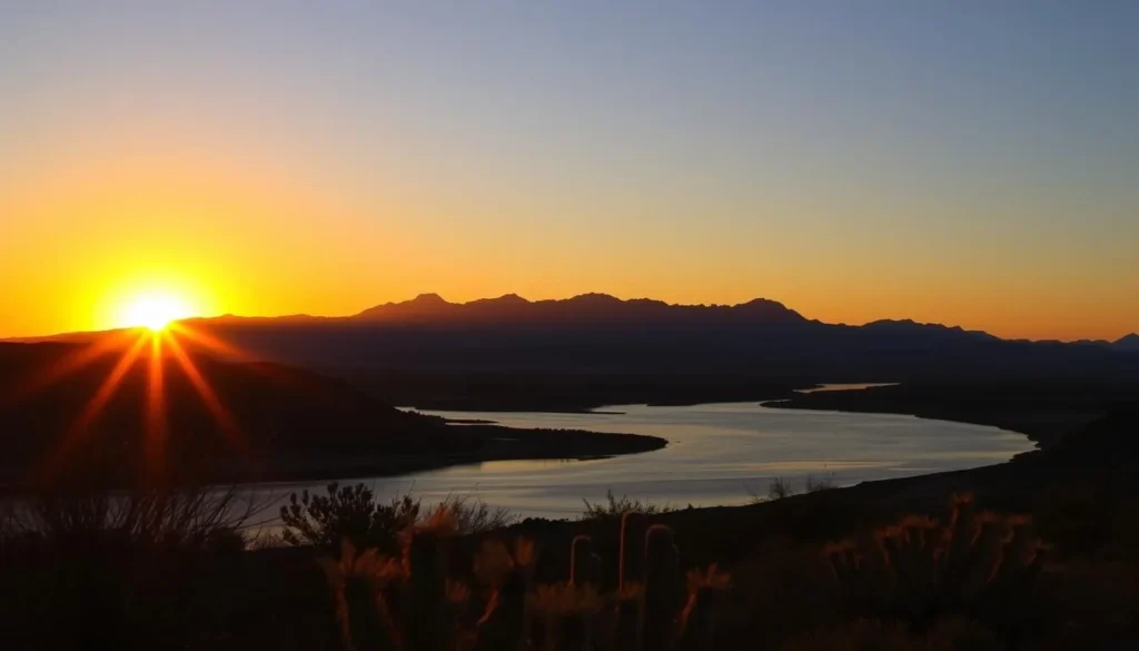 Sunset view over the Colorado River from Buckskin Mountain Beach