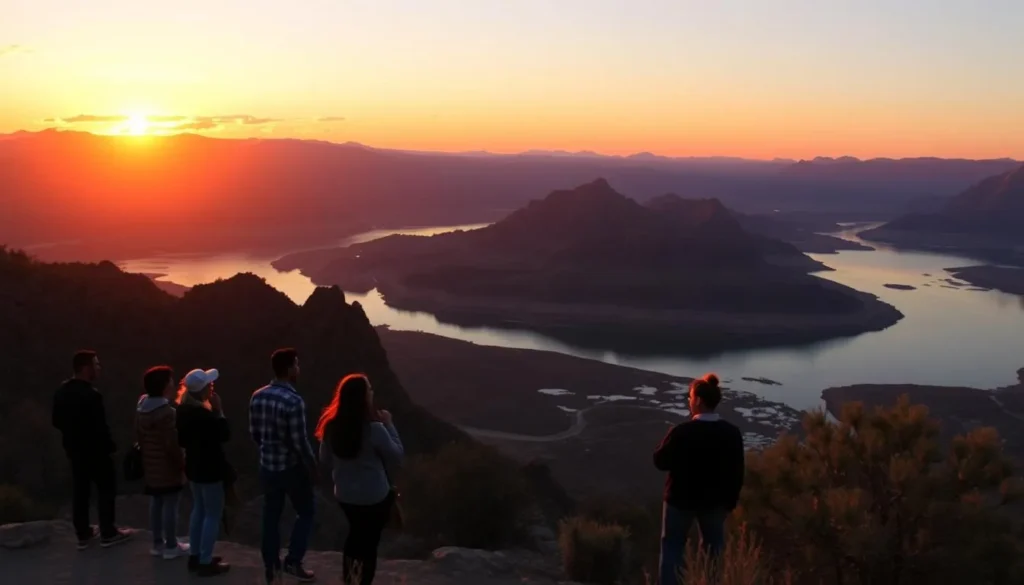 Sunset view over the Colorado River from Buckskin Mountain State Park with silhouetted mountains