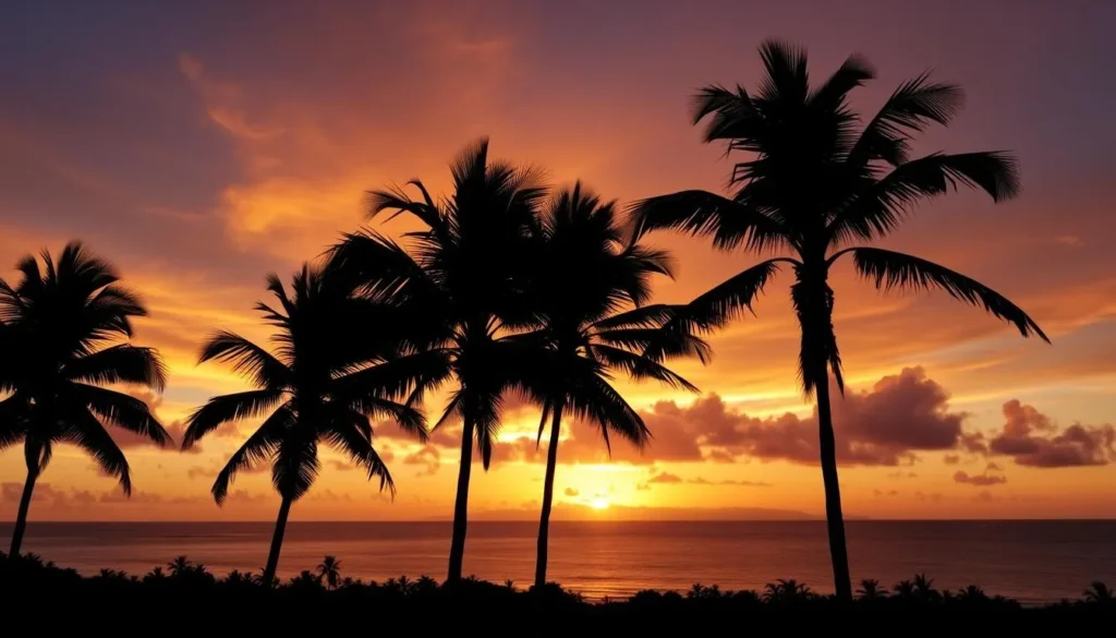 Sunset view over the ocean from Palikir with palm trees silhouetted against the colorful sky