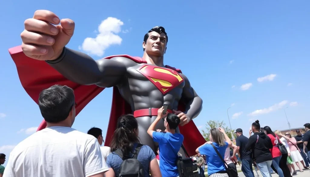 Superman statue in nearby Metropolis with visitors taking photos