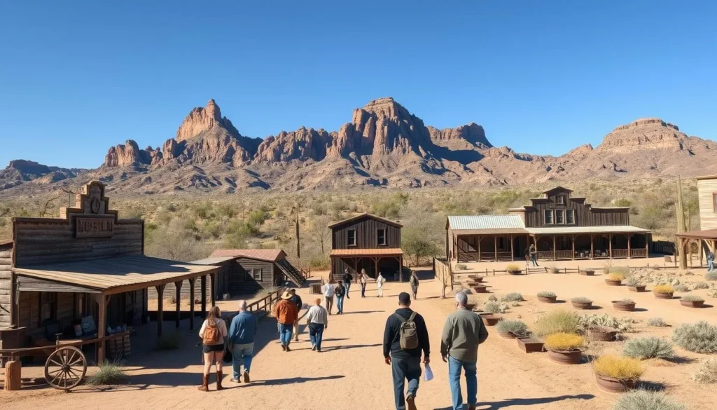 Superstition Mountain Museum with historic buildings and mining exhibits surrounded by desert landscape