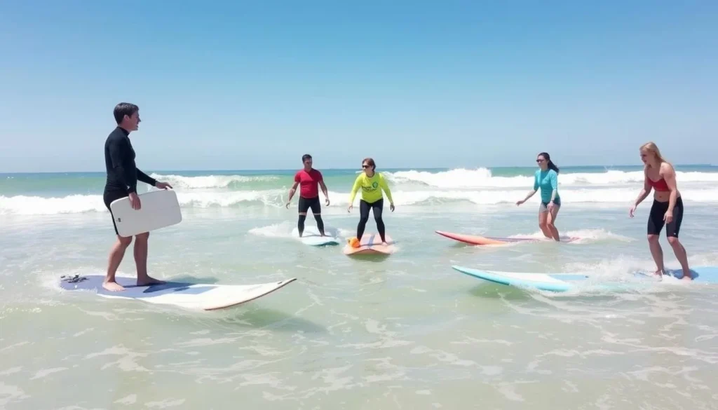 Surf lesson at Port Fairy beach with instructor and diverse students