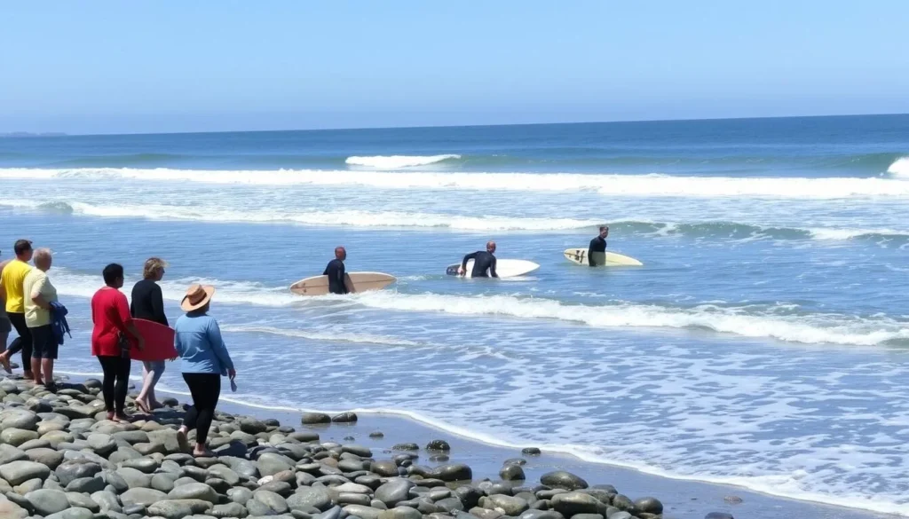 Surfers at Moonstone Beach Cambria California during low tide Surfers at Moonstone Beach Cambria California during low tide