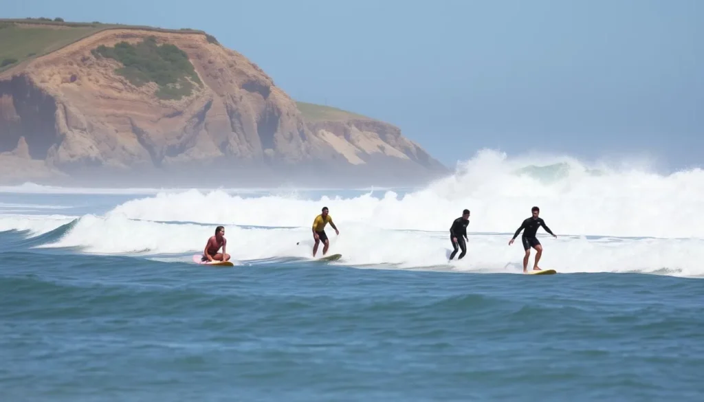 Surfers enjoying waves at Moonlight State Beach with beautiful coastal backdrop Surfers enjoying waves at Moonlight State Beach with beautiful coastal backdrop