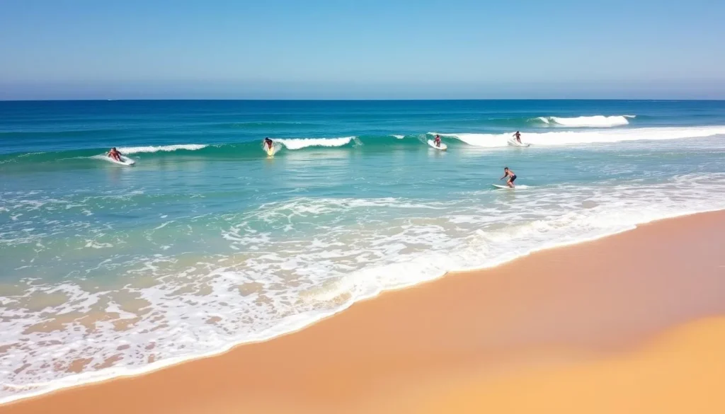 Surfers riding waves at Cerritos Beach in El Pescadero