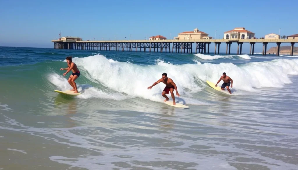 Surfers riding waves at Huntington State Beach with the pier visible in the background Surfers riding waves at Huntington State Beach with the pier visible in the background