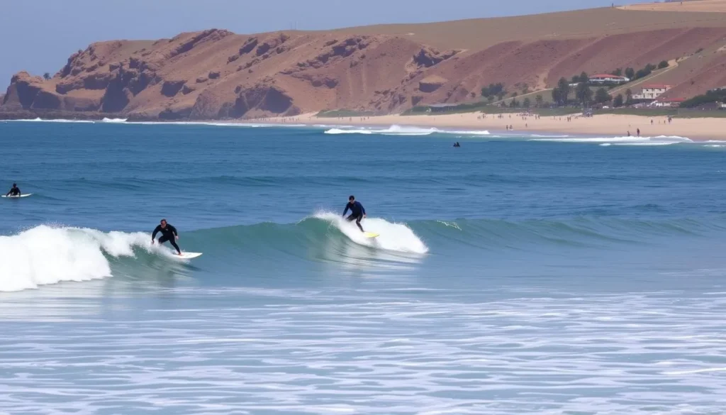 Surfers riding waves at San Elijo State Beach California with reef breaks visible Surfers riding waves at San Elijo State Beach California with reef breaks visible