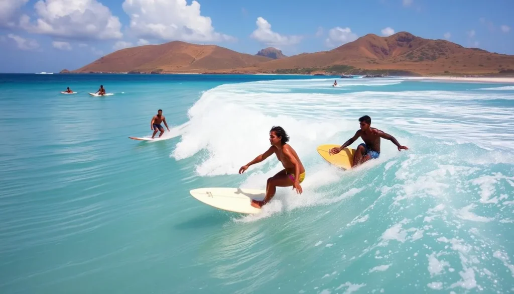 Surfers riding waves at the western end of Lorient Beach