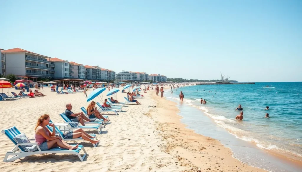 Svetlogorsk beach resort in summer with tourists enjoying the Baltic Sea