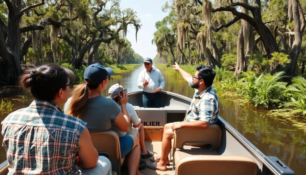 Swamp tour boat in Bayou Cocodrie with tourists viewing wildlife Swamp tour boat in Bayou Cocodrie with tourists viewing wildlife