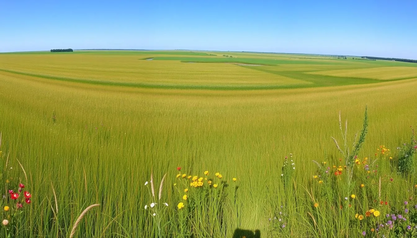 Sweeping-view-of-Goose-Lake-Prairie-State-Park-Illinois-with-tall-grasses-and-wildflowers-in Sweeping view of Goose Lake Prairie State Park Illinois with tall grasses and wildflowers in bloom