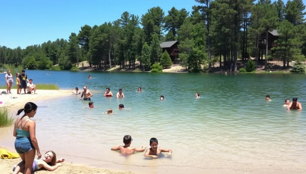 Swimming area at Falling Waters Lake with families enjoying the water Swimming area at Falling Waters Lake with families enjoying the water