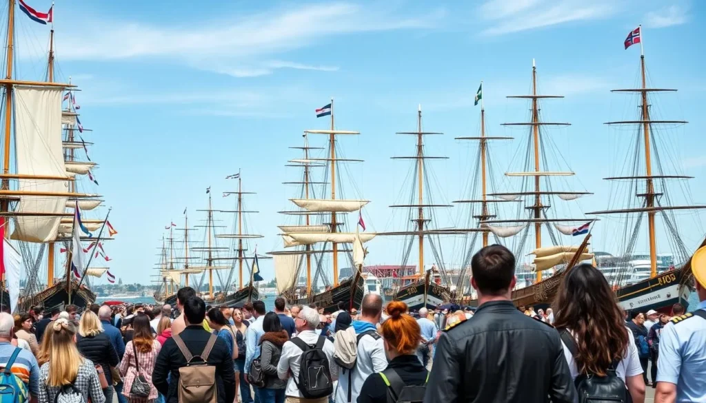 Tall ships gathered in Rostock's harbor during the annual Hanse Sail festival with crowds of visitors