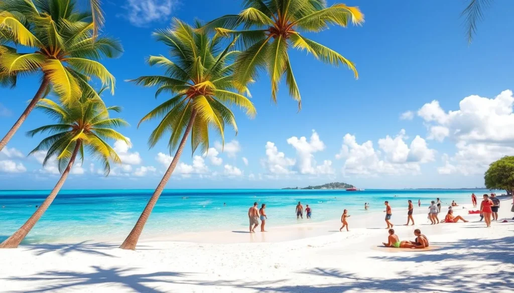 Terre-de-Haut beach scene during perfect weather with palm trees and few tourists enjoying the sand