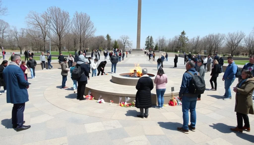 The Armenian Genocide Memorial Complex at Tsitsernakaberd with its eternal flame and visitors paying respects The Armenian Genocide Memorial Complex at Tsitsernakaberd with its eternal flame and visitors paying respects