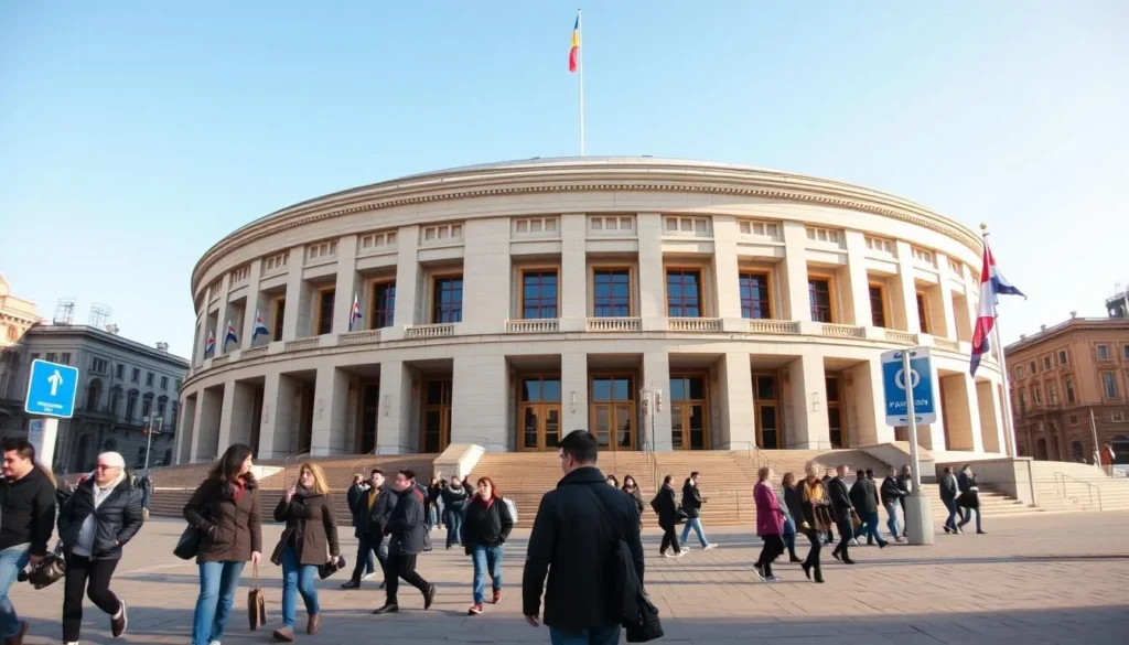 The Armenian National Opera and Ballet Theatre building with its distinctive circular architecture and visitors in the foreground The Armenian National Opera and Ballet Theatre building with its distinctive circular architecture and visitors in the foreground