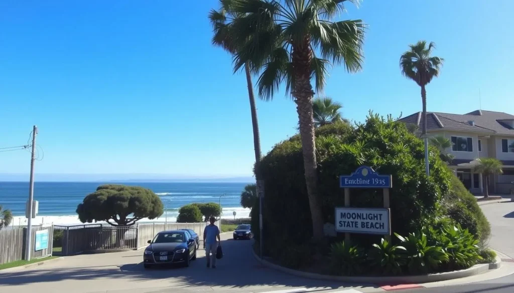 The B Street entrance to Moonlight State Beach showing the parking area and beach access path The B Street entrance to Moonlight State Beach showing the parking area and beach access path