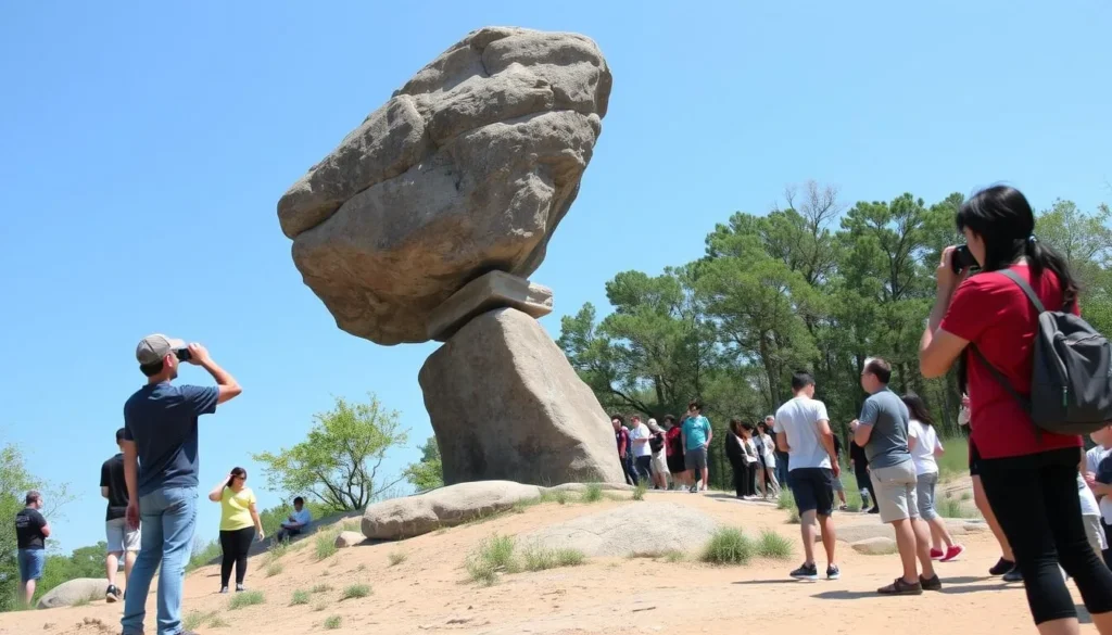 The Balanced Rock Formation at Devil's Island State Park Illinois with visitors admiring it