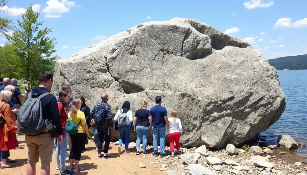 The Blue Stone (Siny Kamen) landmark at Lake Plescheevo with visitors