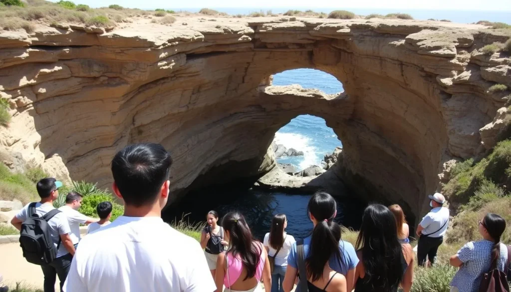 The Devil's Punchbowl at Russian Gulch State Park showing the collapsed sea cave formation with visitors viewing from the trail The Devil's Punchbowl at Russian Gulch State Park showing the collapsed sea cave formation with visitors viewing from the trail