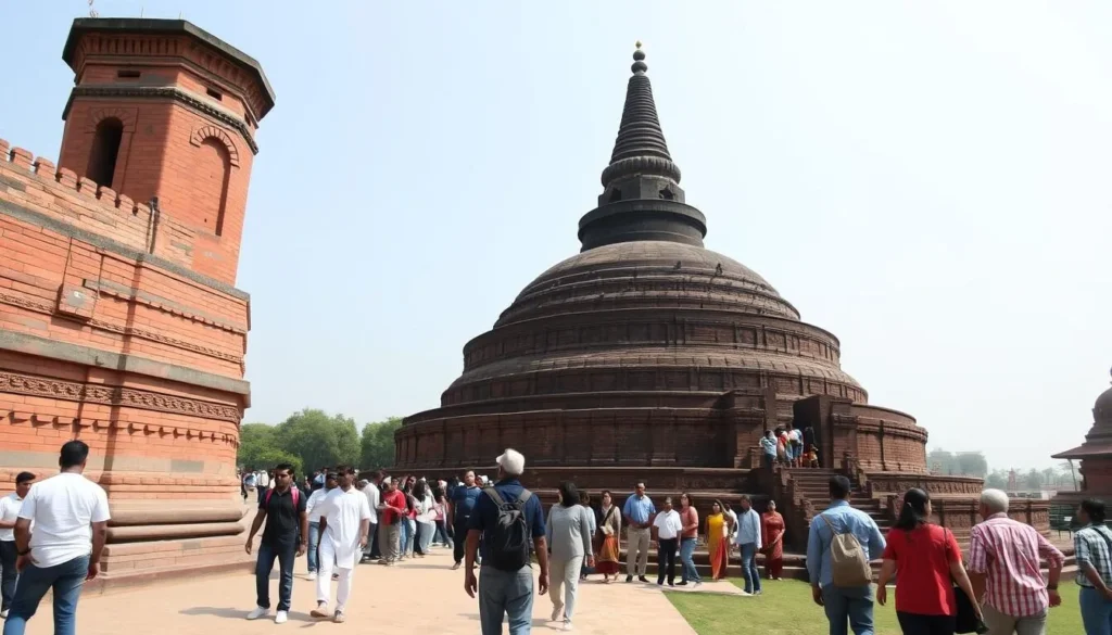 The Dhamek Stupa at Sarnath with diverse tourists exploring the Buddhist archaeological site