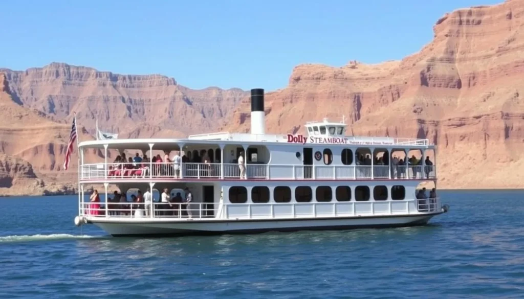 The Dolly Steamboat cruise boat on Canyon Lake with passengers enjoying the scenic canyon views