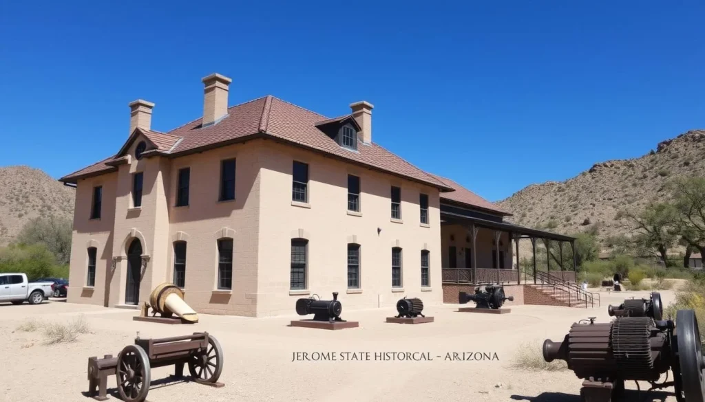 The Douglas Mansion at Jerome State Historic Park with exhibits of mining equipment