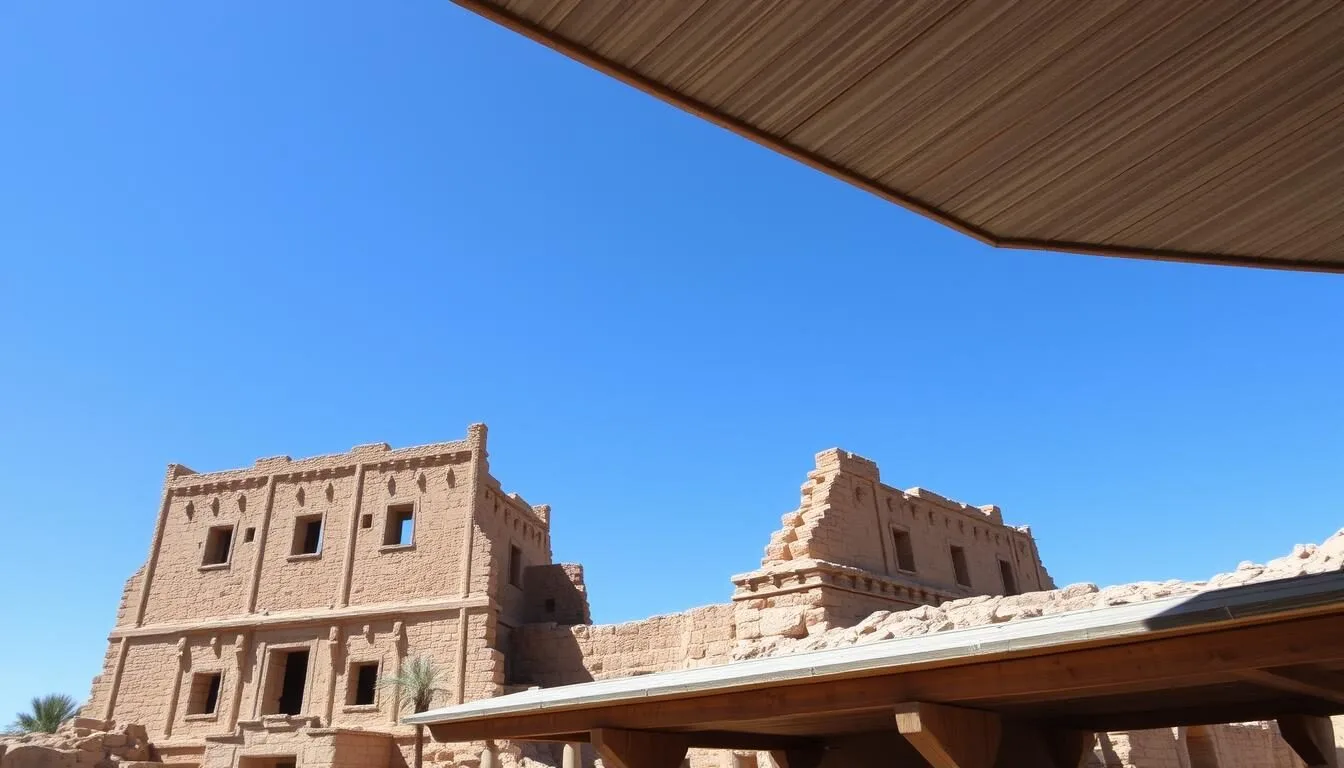 The Great House at Casa Grande Ruins National Monument standing tall against the blue Arizona sky