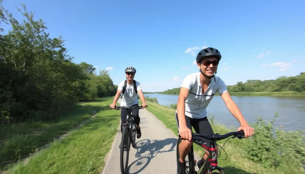 The Great River Trail with cyclists enjoying a ride along the Mississippi River