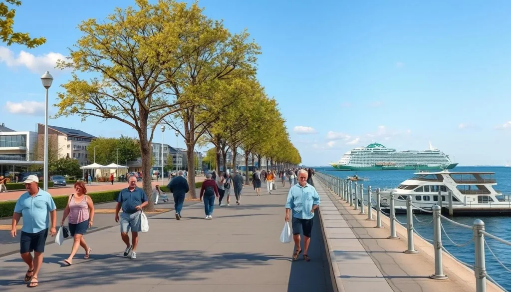 The Kiellinie promenade with people walking along the waterfront and ships in the background