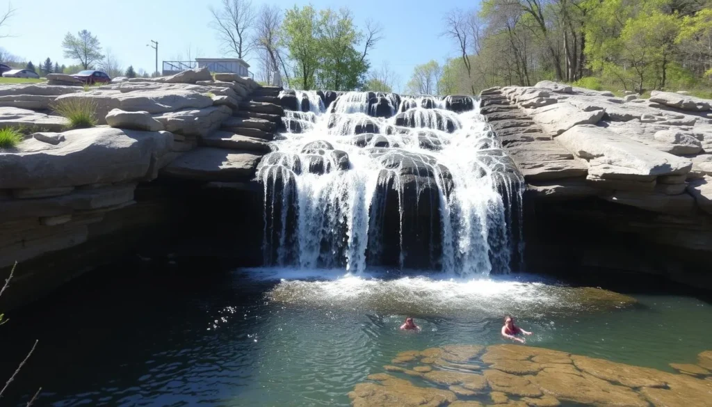 The Kinkaid Lake Spillway with cascading water and swimming area The Kinkaid Lake Spillway with cascading water and swimming area