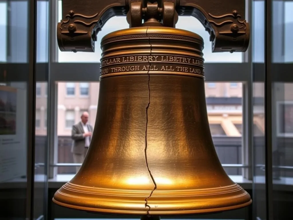 The Liberty Bell with its iconic crack displayed in the Liberty Bell Center