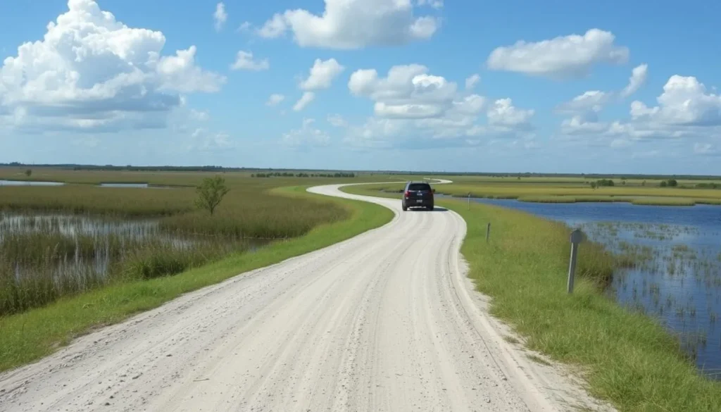 The Pintail Wildlife Drive at Cameron Prairie National Wildlife Refuge showing a vehicle on the scenic route with wetlands on both sides