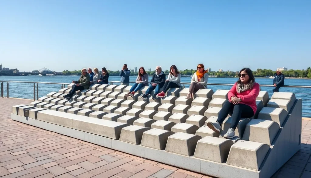 The QWERTY Keyboard Monument on the embankment of Iset River with tourists taking photos