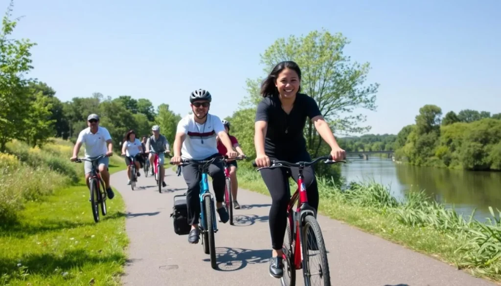 The Schuylkill River Trail in Norristown with cyclists and pedestrians enjoying the path The Schuylkill River Trail in Norristown with cyclists and pedestrians enjoying the path