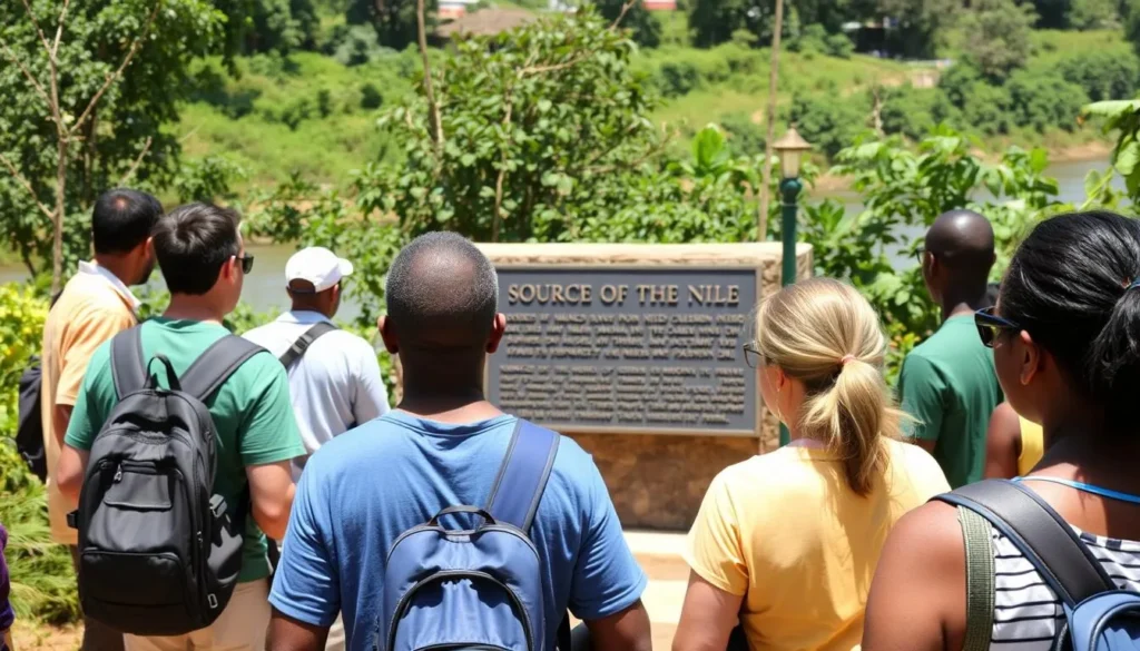 The Source of the Nile monument in Jinja with tourists exploring the area