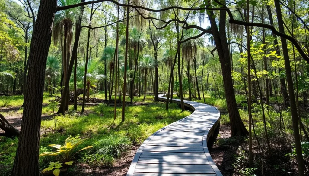 The Springs Trail at Werner-Boyce Salt Springs State Park showing boardwalk through natural vegetation The Springs Trail at Werner-Boyce Salt Springs State Park showing boardwalk through natural vegetation
