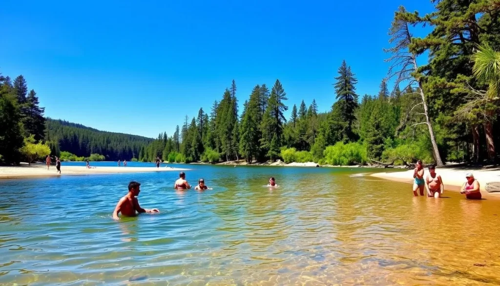 The Stanislaus River swimming hole near Calaveras Big Trees State Park with people enjoying the water The Stanislaus River swimming hole near Calaveras Big Trees State Park with people enjoying the water