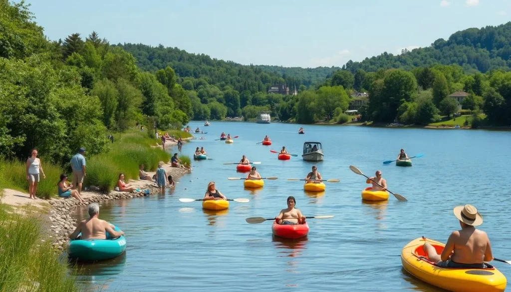 The Tom River in summer with people enjoying kayaking and the scenic riverbanks The Tom River in summer with people enjoying kayaking and the scenic riverbanks