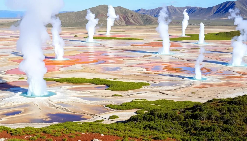 The Valley of Geysers with steam rising from multiple geothermal features The Valley of Geysers with steam rising from multiple geothermal features