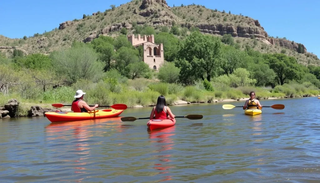 The Verde River near Fort Verde State Historic Park with kayakers enjoying the water The Verde River near Fort Verde State Historic Park with kayakers enjoying the water